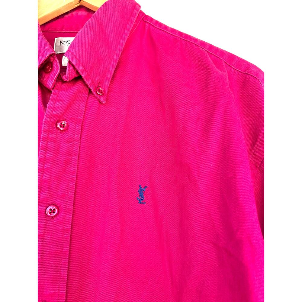 Vintage Yves Saint Laurent Oversized Button Down Fuchsia Pink YSL Logo Shirt Med - Picture 6 of 9